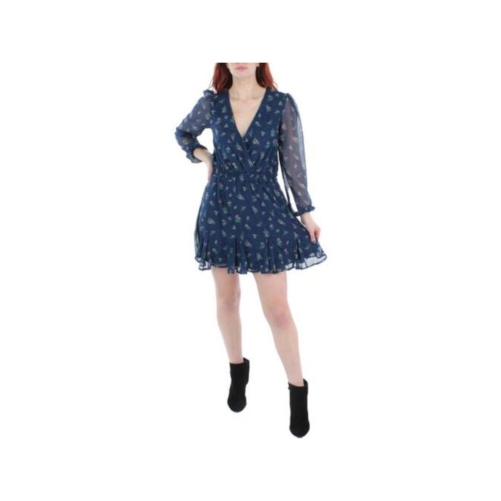 TRIXXI Womens Short Dress Navy Lined Long Sleeve Keyhole-back Juniors M